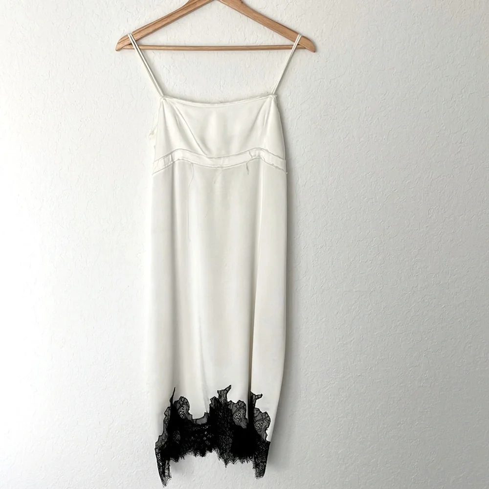 Zara | Dresses | Zara Studio White Satin Slip Dress Black Lace Trim |  Poshmark
